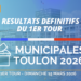 Tableau des résultats du premier tour des Municipales 2026 Toulon montrant les scores des candidats.
