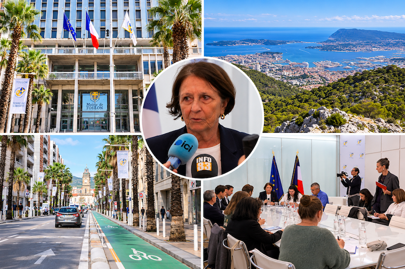 Toulon, six mois de mandature : Josée Massi face à la presse pour présenter son premier bilan et les projets à venir. Stade Mayol, sécurité, mobilités et avenir du mont Faron : retour en images sur les grands dossiers abordés lors de cette conférence de presse, en présence d’INFO83. Crédit : Montage illustratif réalisé à partir de photographies INFO83, avec assistance de l’IA.